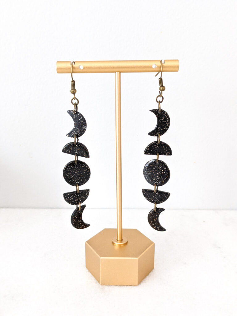 Black Glitter Moon Long Dangle Earrings